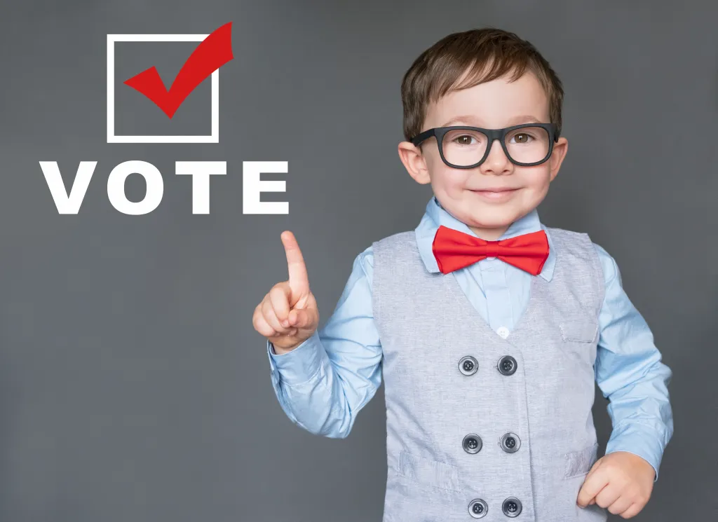 Young student beside a checked box and the word vote